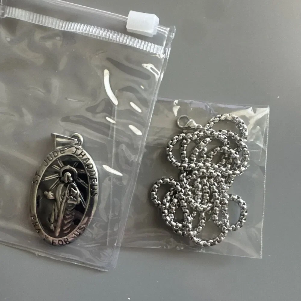 St. Jude Stainless Steel Pendant 24” Chain Religious Jesus Christ Gun Metal